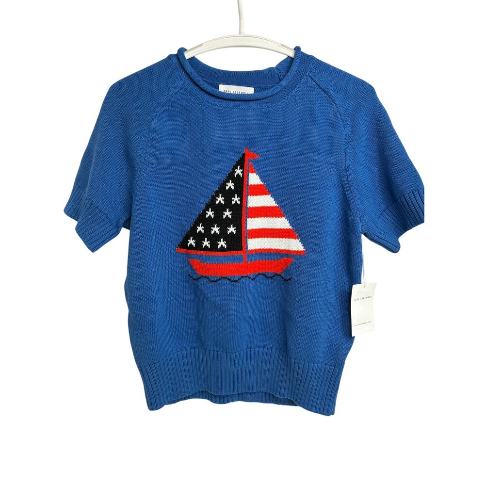 Free Assembly Sweater Women MED Blue Sailboat Patriotic USA Cotton Short Sleeve